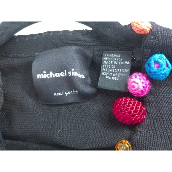 Vintage Michael Simon Black Colorful Pom Pom Cardigan Sweater Size Large - Picture 2 of 8